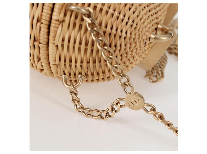 Borsa a spalla in rattan con catena CHANEL paglia beige oro CC Auth 128491SV D'oro - vista 20