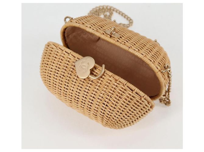 Borsa a spalla in rattan con catena CHANEL paglia beige oro CC Auth 128491SV D'oro - vista 22