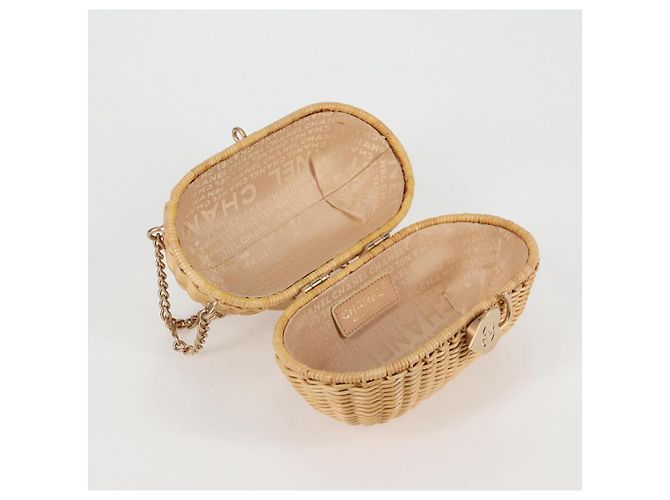Borsa a spalla in rattan con catena CHANEL paglia beige oro CC Auth 128491SV D'oro - vista 23