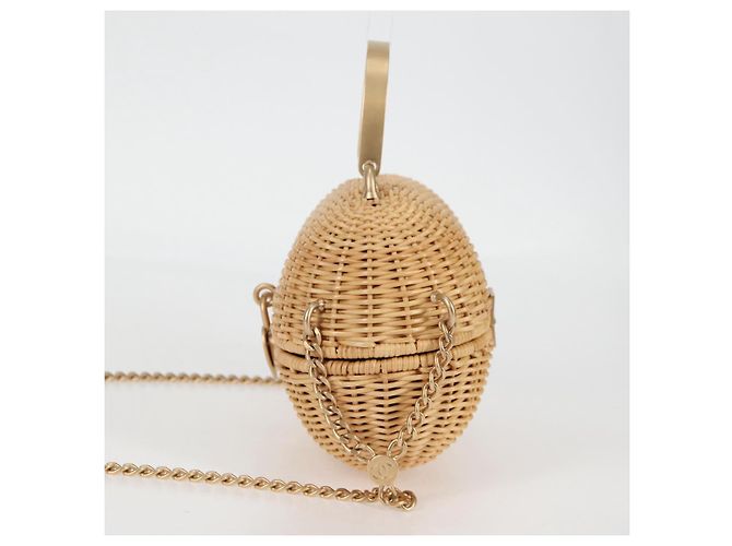 Borsa a spalla in rattan con catena CHANEL paglia beige oro CC Auth 128491SV D'oro - vista 3