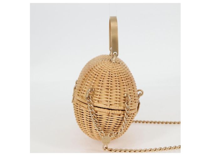 Borsa a spalla in rattan con catena CHANEL paglia beige oro CC Auth 128491SV D'oro - vista 4