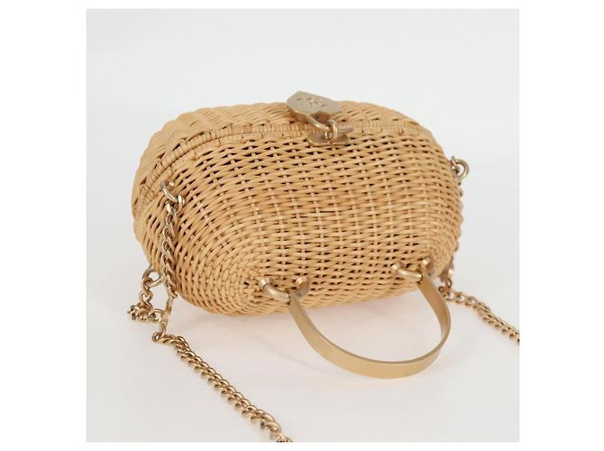 Borsa a spalla in rattan con catena CHANEL paglia beige oro CC Auth 128491SV D'oro - vista 6