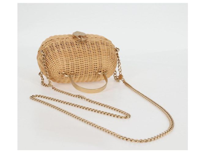 Borsa a spalla in rattan con catena CHANEL paglia beige oro CC Auth 128491SV D'oro - vista 8