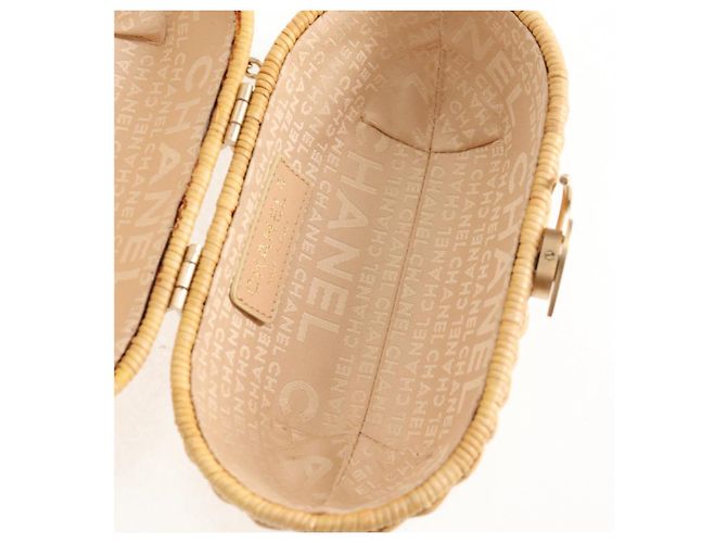 Borsa a spalla in rattan con catena CHANEL paglia beige oro CC Auth 128491SV D'oro - vista 9