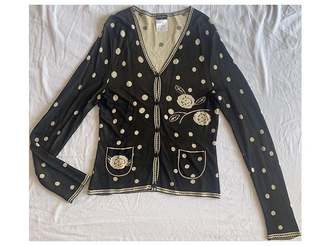 Chanel Colete de Bolinhas e Camélia em Viscose Preto e Creme - vista 2
