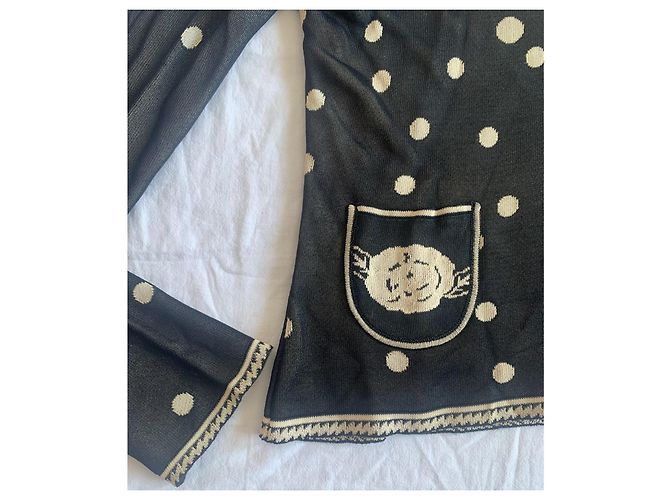 Chanel Colete de Bolinhas e Camélia em Viscose Preto e Creme - vista 5