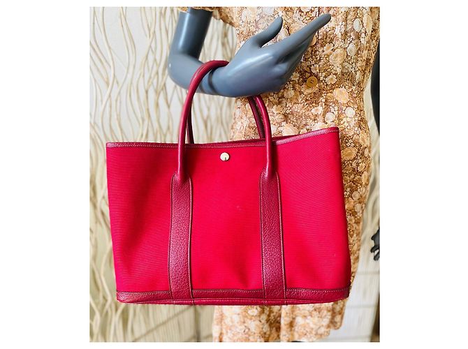 Hermès Garden Party 36 Tasche aus rotem Canvas und Leder - Ansicht 2