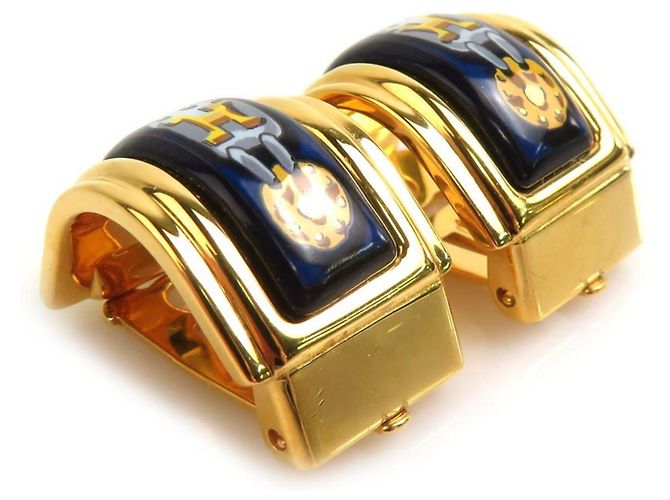 Pendientes de clip de metal esmaltado Cloisonné de Hermès Dorado Azul marino - vista 2