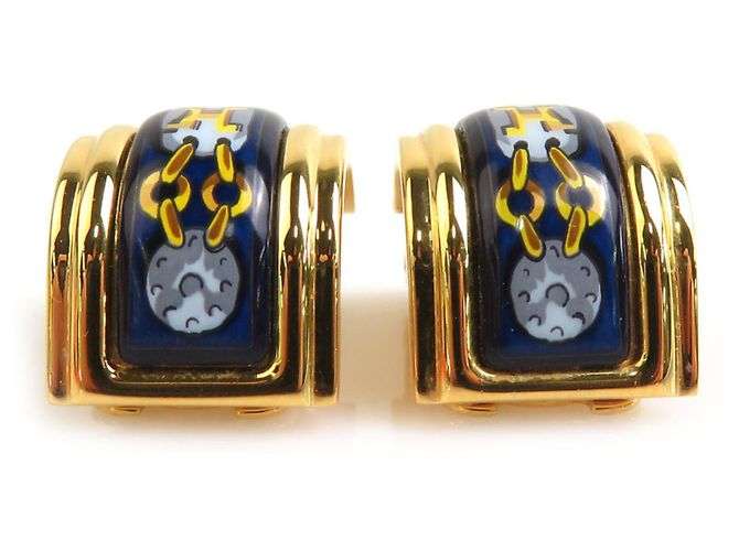 Pendientes de clip de metal esmaltado Cloisonné de Hermès Dorado Azul marino - vista 4