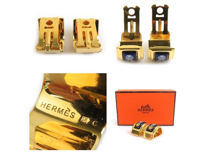 Pendientes de clip de metal esmaltado Cloisonné de Hermès Dorado Azul marino - vista 5