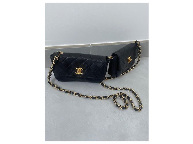 Chanel Double Mini Timeless schwarzes Lammleder Gold Gold hardware - Ansicht 3