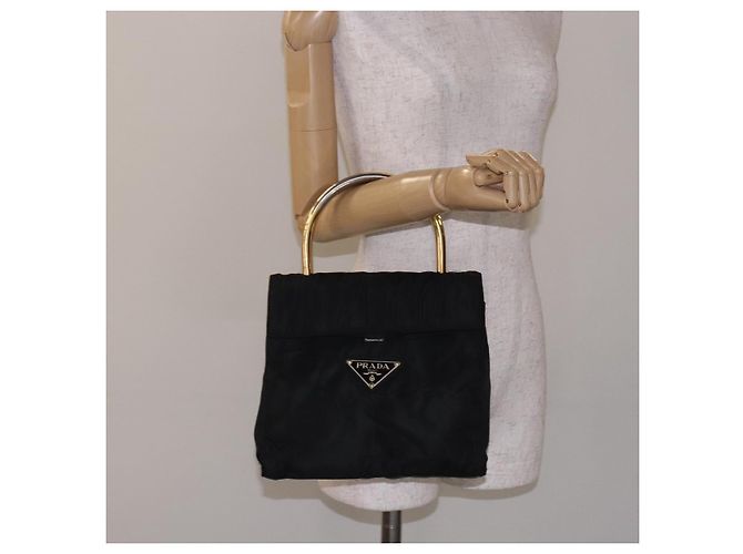 PRADA Borsa a Mano Nylon Nero Oro Auth 131867 D'oro - vista 23