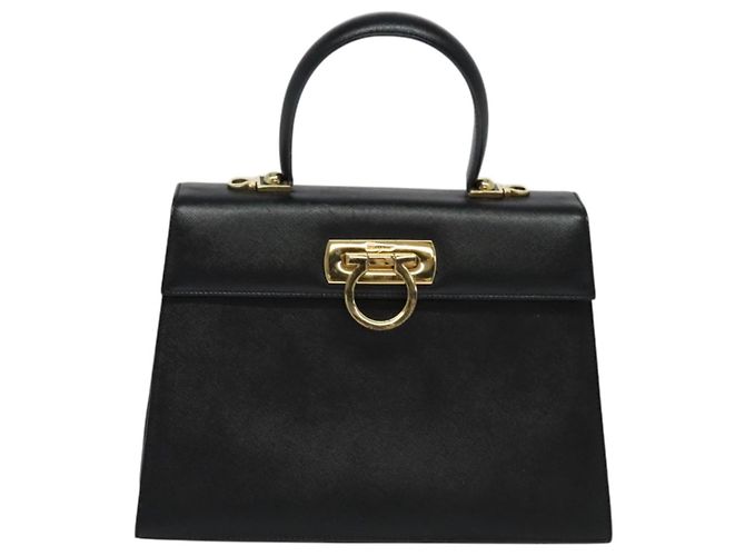 Borsa a mano in pelle Gancini Salvatore Ferragamo 2 in 1 Nero Oro Auth ep9613 - vista 13