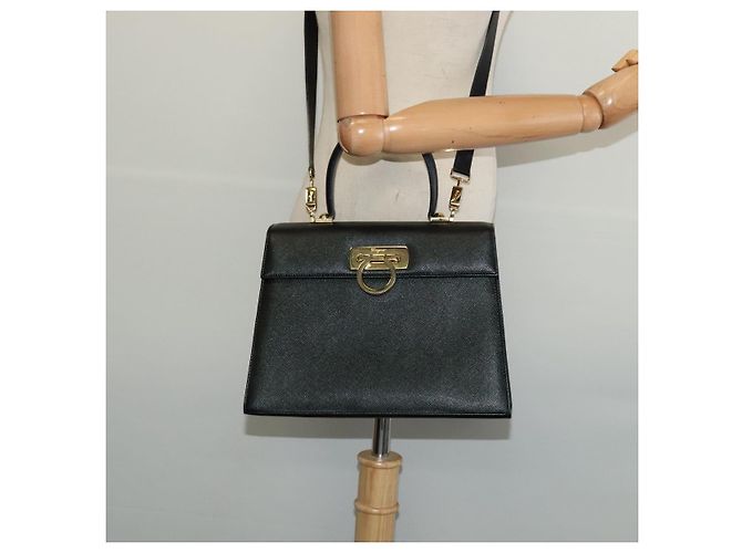 Borsa a mano in pelle Gancini Salvatore Ferragamo 2 in 1 Nero Oro Auth ep9613 - vista 23