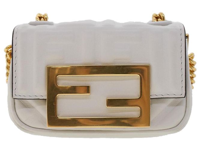 Fendi Bolsa de ombro em lona Zucca Nano Baguette em couro branco Auth 47061V - vista 13
