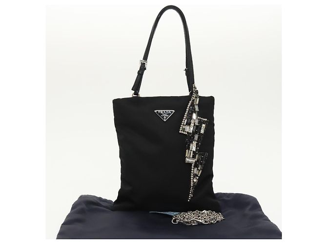 Borsa a spalla con catena Prada in nylon nero e argento autentica 100262AV - vista 12