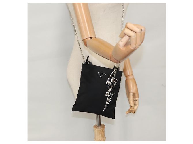 Borsa a spalla con catena Prada in nylon nero e argento autentica 100262AV - vista 26