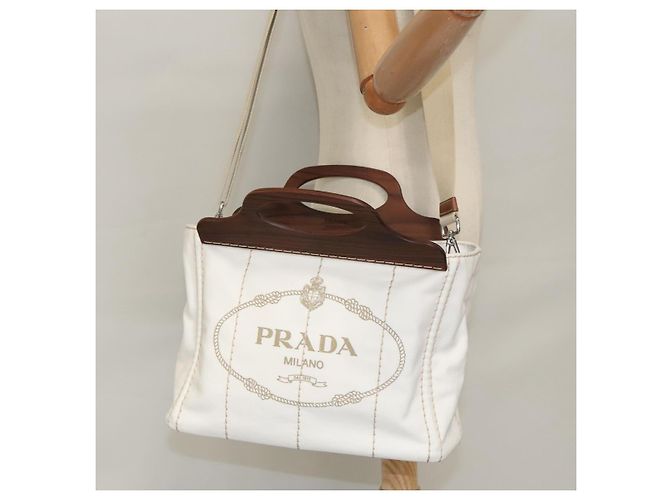 PRADA Borsa Canapalage in Tela Bianca Argento 1BG350 Auth 101308SV Bianco - vista 32
