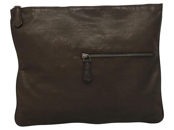 Borsa Clutch Berluti Calligrafia Pelle Marrone Argento Auth bs28029 - vista 13