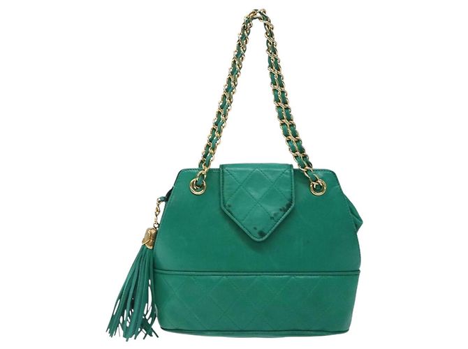CHANEL Borsa a Mano con Catena in Pelle di Agnello Verde Oro CC Auth gh309 D'oro - vista 13