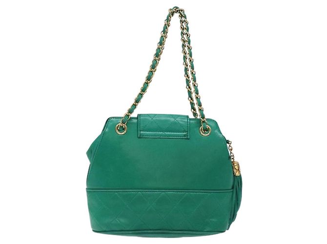 CHANEL Borsa a Mano con Catena in Pelle di Agnello Verde Oro CC Auth gh309 D'oro - vista 2