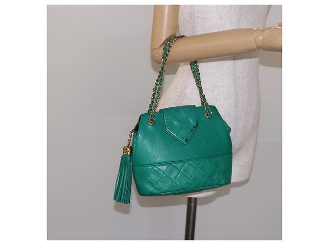 CHANEL Borsa a Mano con Catena in Pelle di Agnello Verde Oro CC Auth gh309 D'oro - vista 21