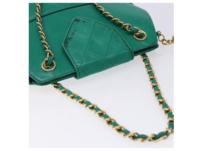 CHANEL Borsa a Mano con Catena in Pelle di Agnello Verde Oro CC Auth gh309 D'oro - vista 6