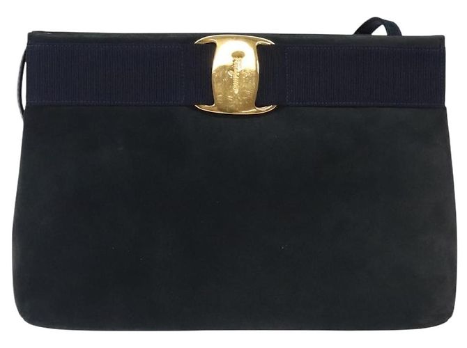 Borsa a Spalla Vala in Camoscio Blu Navy e Oro di Salvatore Ferragamo Auth bs27829 D'oro - vista 13