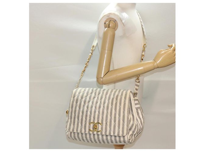 CHANEL Schultertasche Matelassé Canvas Hellblau Weiß CC Auth 48071AV - Ansicht 28