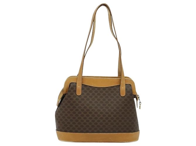 Céline Borsa a Spalla Cicada in Tela Macadam CELINE in Pelle PVC Marrone Oro Auth BD771 D'oro - vista 3
