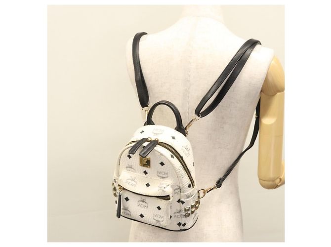 MCM Vicetos Logogram Backpack PVC Leather White Navy gold Auth BA110 Golden Navy blue - view 24