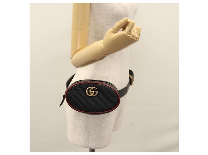 GUCCI GG Marmont Bolsa de cintura Couro Preto Vermelho Auth bs22241V - vista 24