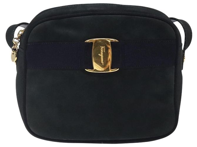 Borsa a Spalla Vala in Camoscio Blu Navy e Oro di Salvatore Ferragamo Auth gh351 - vista 13