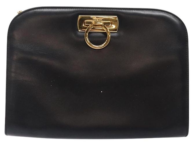 Borsa a Spalla in Pelle Gancini Chain di Salvatore Ferragamo Nero Oro Auth yk18587 - vista 13