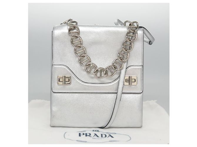 Borsa a mano in pelle PRADA con catena 2 in 1 Argento Auth BD055AV - vista 12