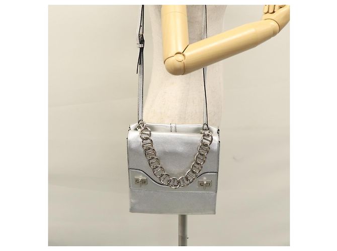 Borsa a mano in pelle PRADA con catena 2 in 1 Argento Auth BD055AV - vista 30