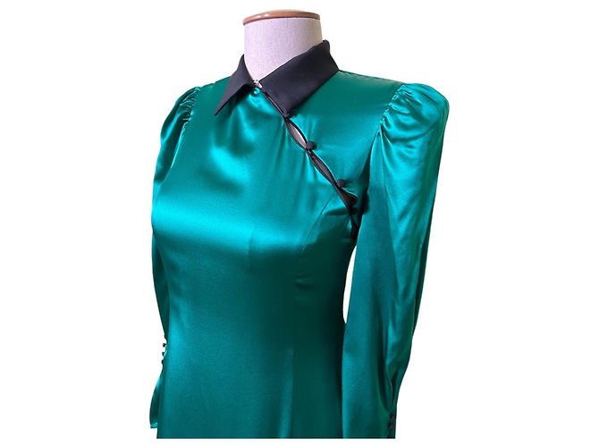 Autre Marque De La Vali Whiskey Seidenkleid Smaragdgrün Schwarz - Ansicht 4