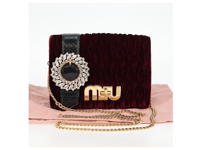 Borsa a Spalla Miu Miu Matelassé Bijoux Velluto Rosso Vino Oro Auth 118941M D'oro Bordò - vista 12