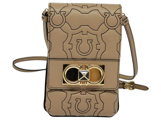 Borsa a Spalla Gancini in Pelle Beige Oro Auth 131785 di Salvatore Ferragamo - vista 13
