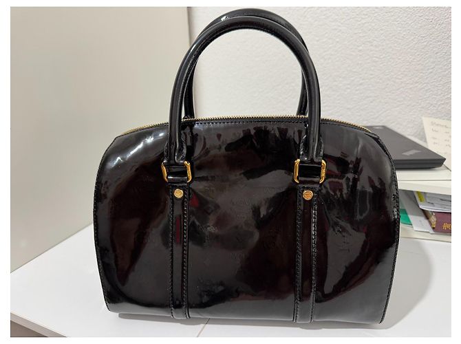 Borsa Boston MCM in pelle verniciata nera e oro Nero Gold hardware - vista 2