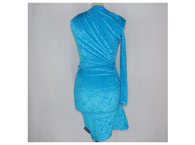 Balenciaga Blaues gerafftes Samtkleid mit einem Schulterträger - Ansicht 3