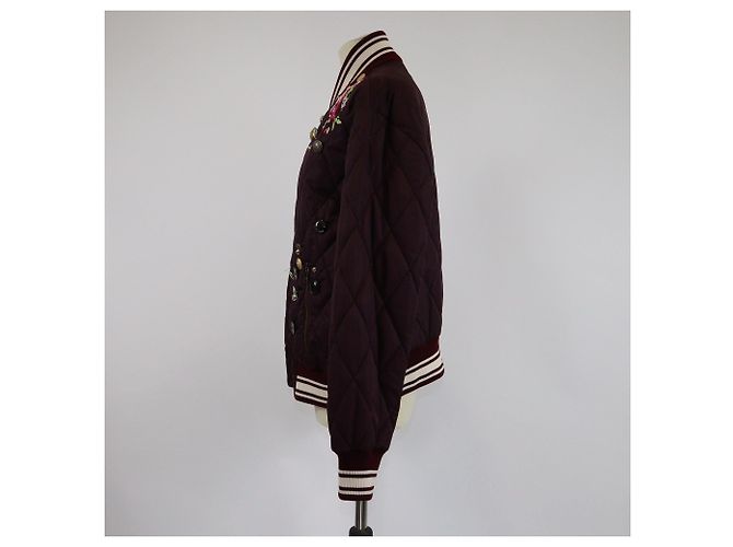 Dolce & Gabbana Maroon Quilted Embroidered Button Studded Bomber Jacket Brown - view 2