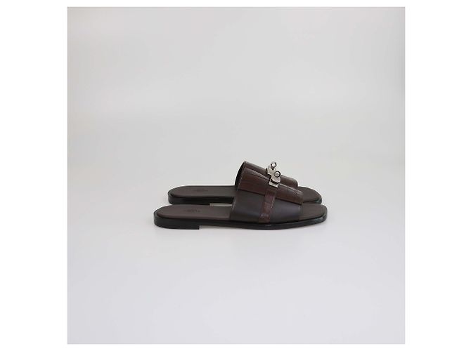 Hermès Sandali Gabriel in alligatore marrone scuro/nero Hermes - vista 3