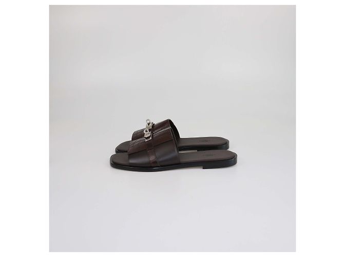 Hermès Sandali Gabriel in alligatore marrone scuro/nero Hermes - vista 4