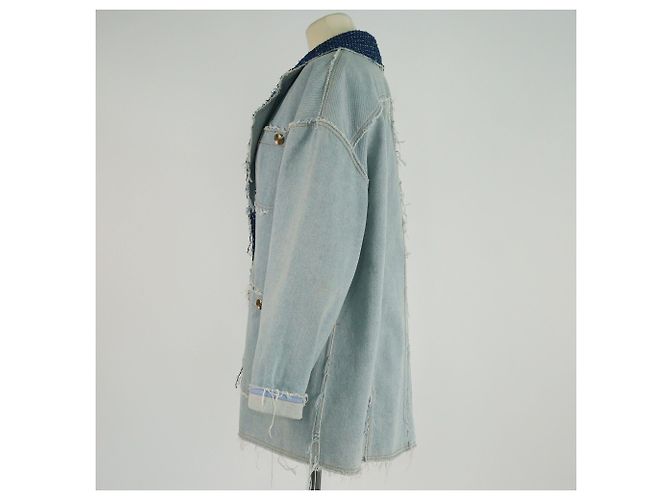 Giacca dettagliata in denim blu e tweed con colletto e tasche Chanel - vista 2