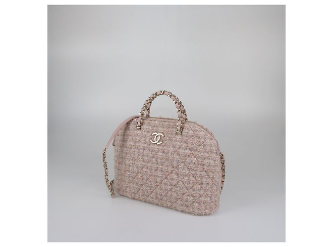 Borsa Chanel in tweed trapuntato rosa chiaro e paillettes CC - vista 2