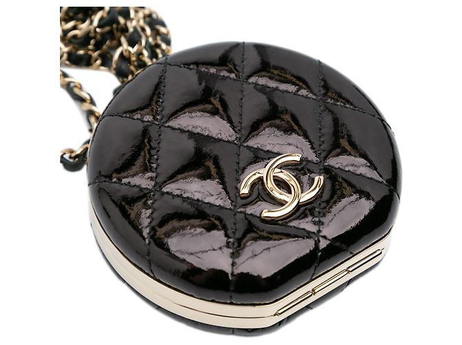 Collar de cadena con espejo redondo de charol acolchado negro de Chanel - vista 8