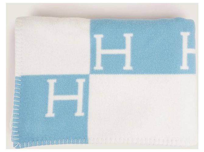 Couverture bébé Hermès Avalon Cachemire Laine Blanc Bleu - vue 2