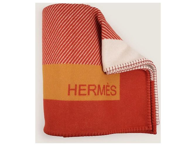 Hermès Avalon Decke Kaschmir Wolle Weiß Rot Orange - Ansicht 2