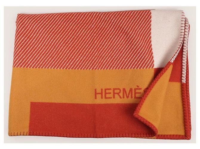 Hermès Avalon Decke Kaschmir Wolle Weiß Rot Orange - Ansicht 3